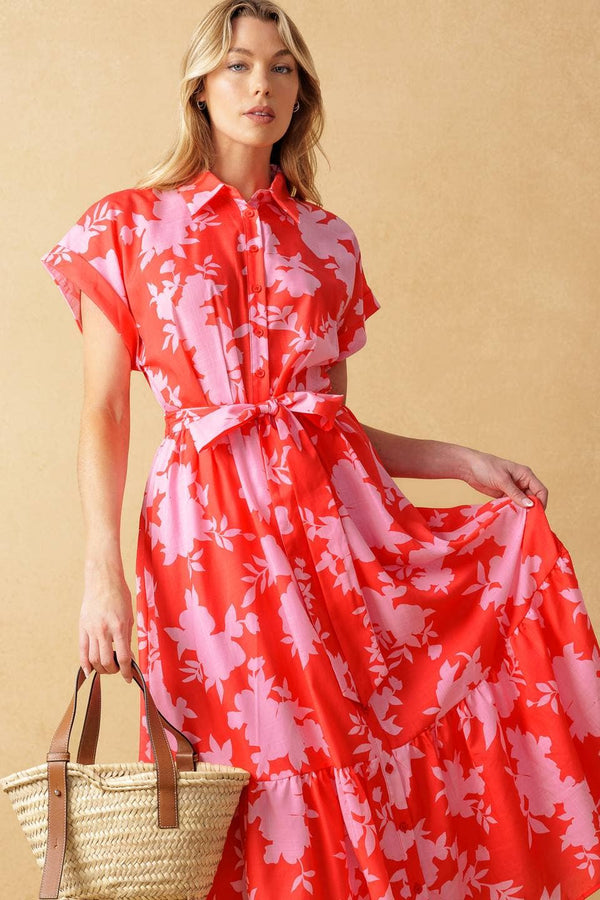Floral midi dress - red/pink
