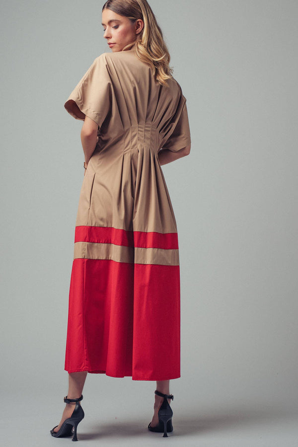 Colorblock Button-Up Cotton Midi Dress