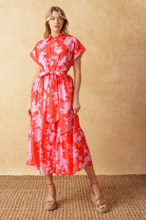 Floral midi dress - red/pink