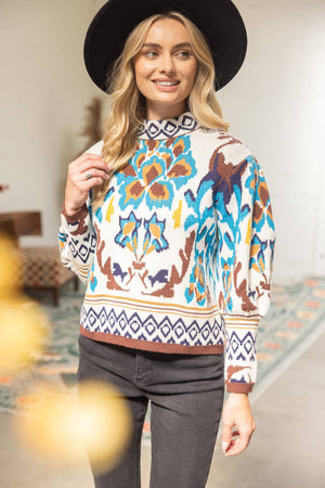 Long Sleeve Multi Color Abstract Sweater Top