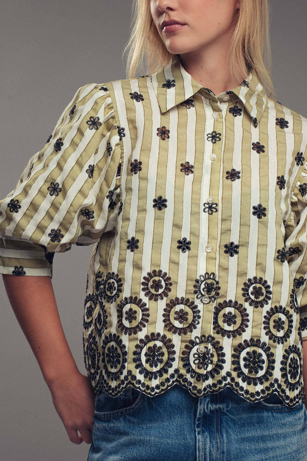Striped Floral Embroidered Scallop Blouse