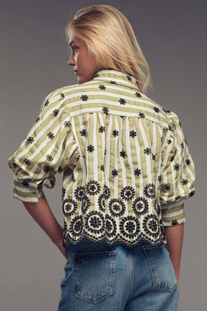 Striped Floral Embroidered Scallop Blouse