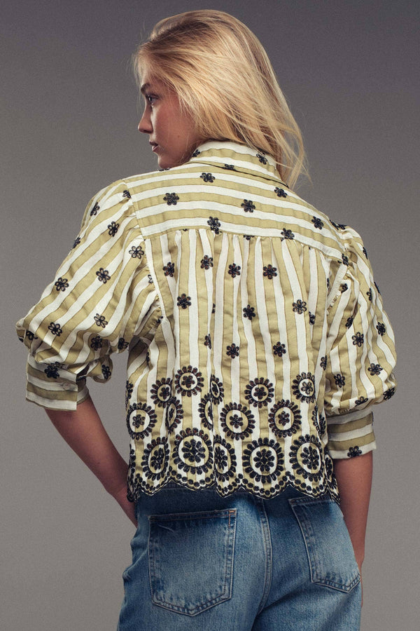 Striped Floral Embroidered Scallop Blouse