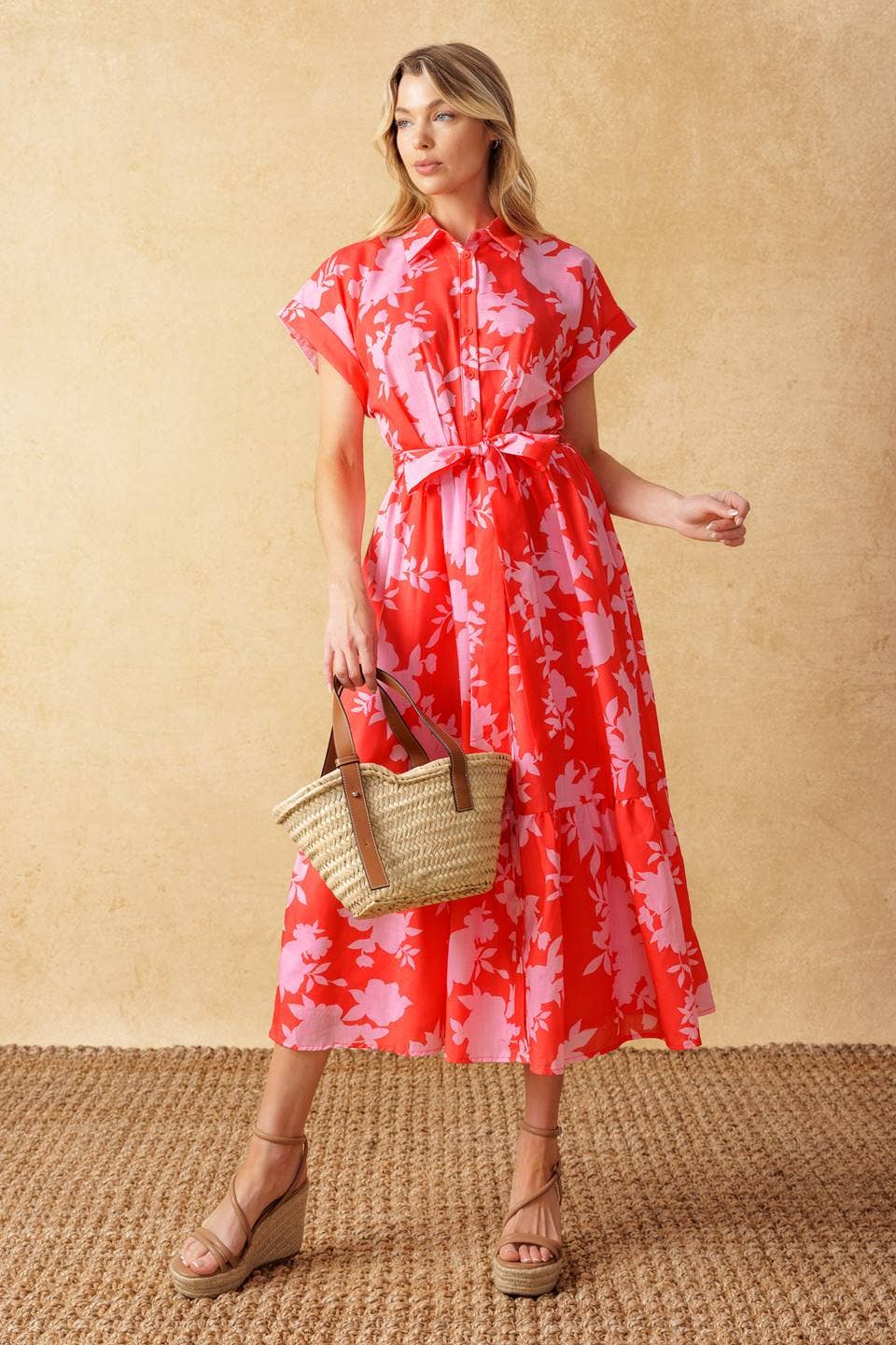 Floral midi dress - red/pink