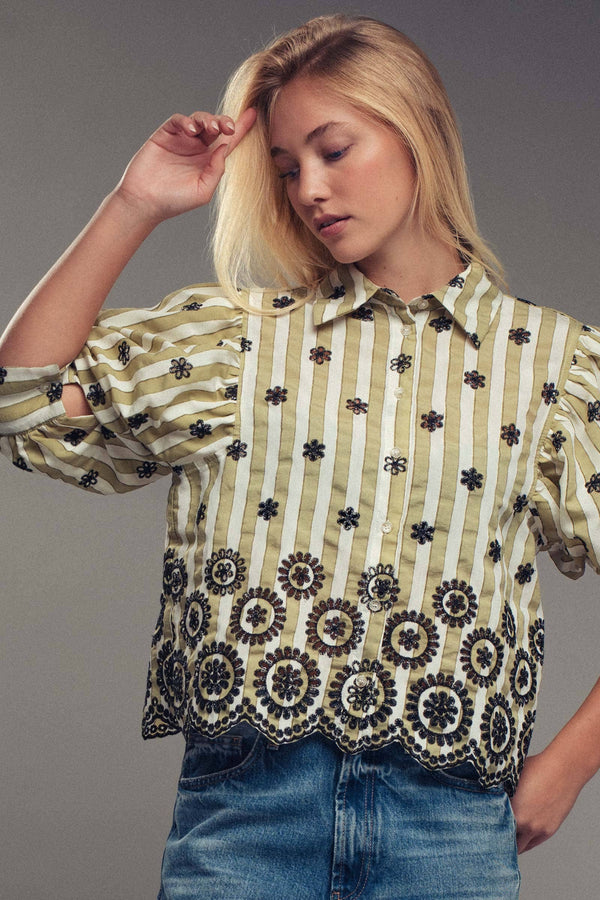 Striped Floral Embroidered Scallop Blouse
