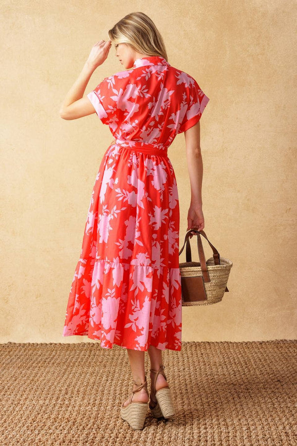 Floral midi dress - red/pink