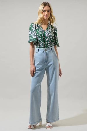 Harriet Floral Ruffle Split Neck Dupont Top