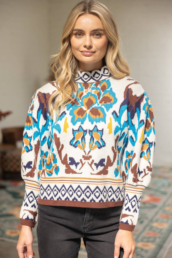Long Sleeve Multi Color Abstract Sweater Top