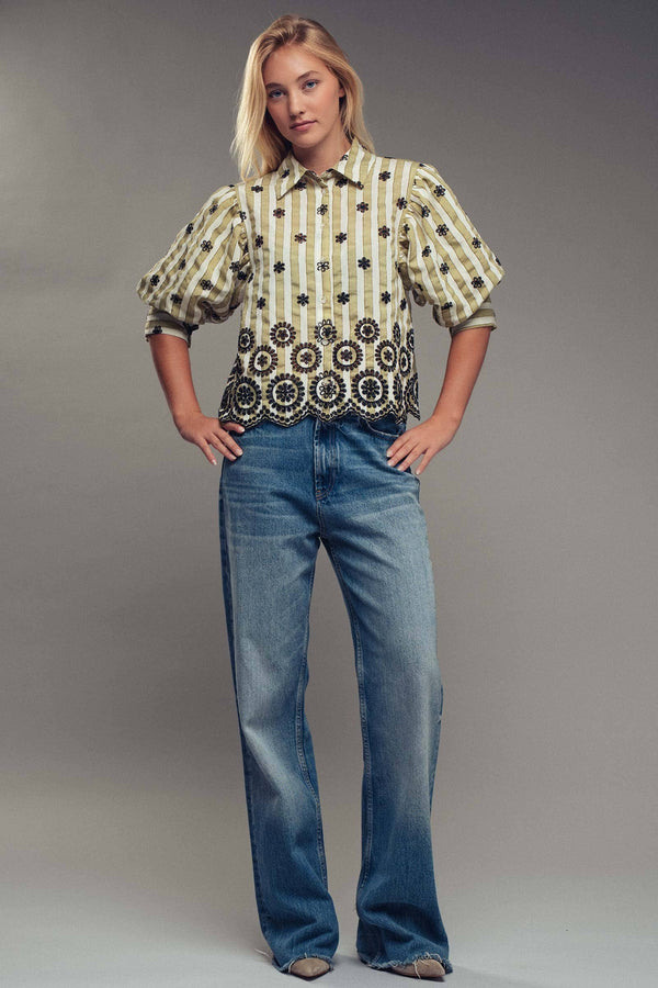 Striped Floral Embroidered Scallop Blouse