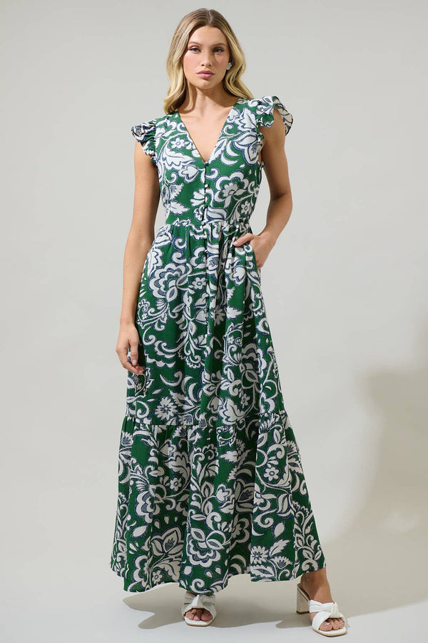 Harriet Floral Evianna Button Down Flutter Maxi Dress