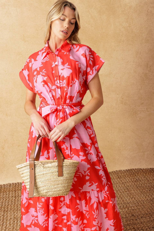 Floral midi dress - red/pink