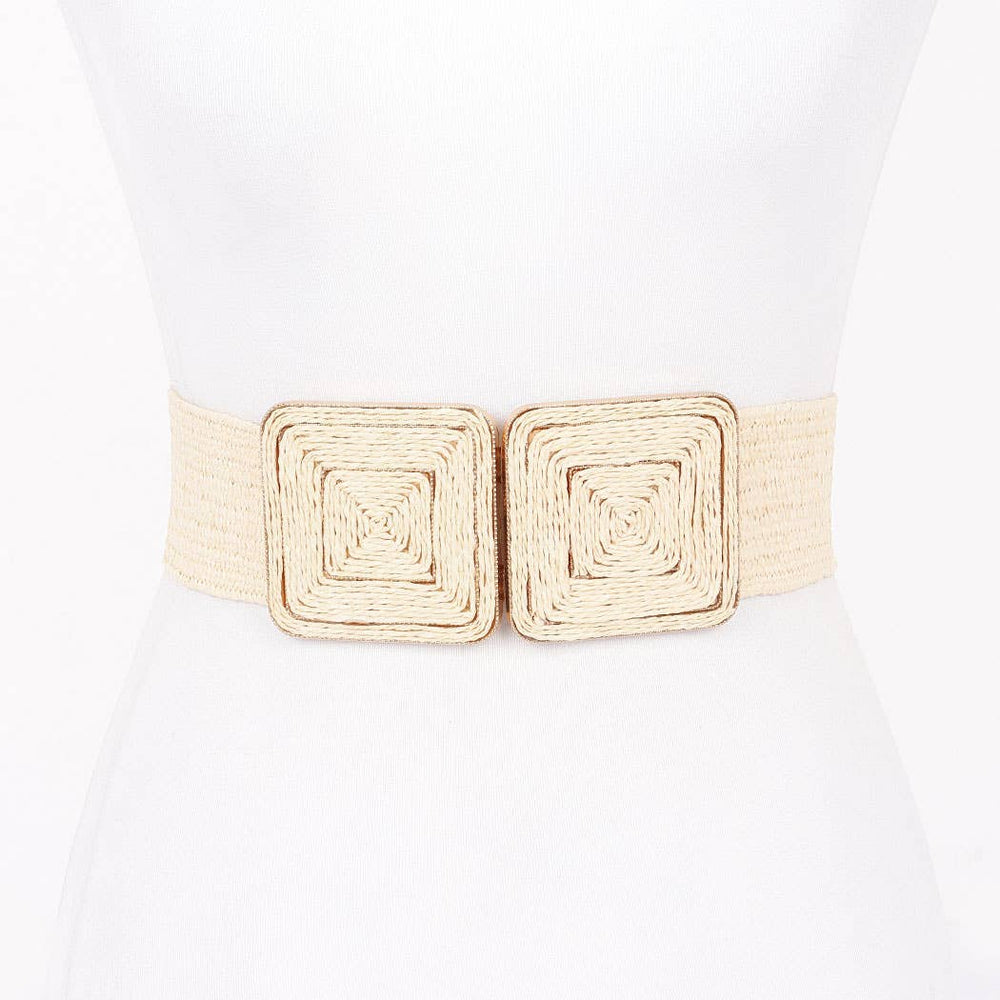 Faux Straw Two Buckle Elastic Belt