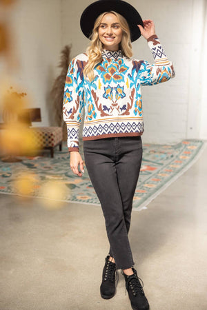 Long Sleeve Multi Color Abstract Sweater Top