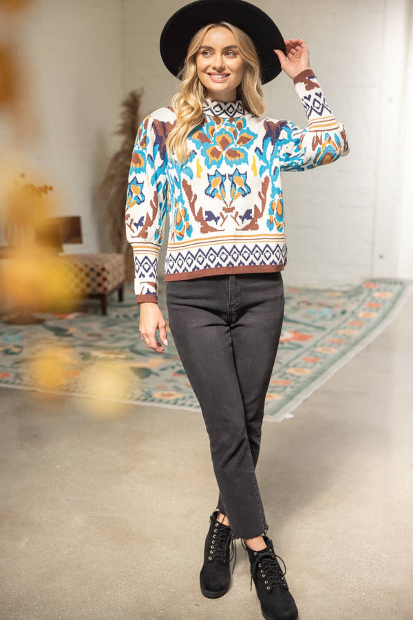 Long Sleeve Multi Color Abstract Sweater Top
