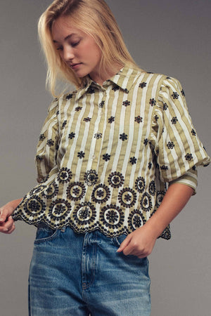 Striped Floral Embroidered Scallop Blouse
