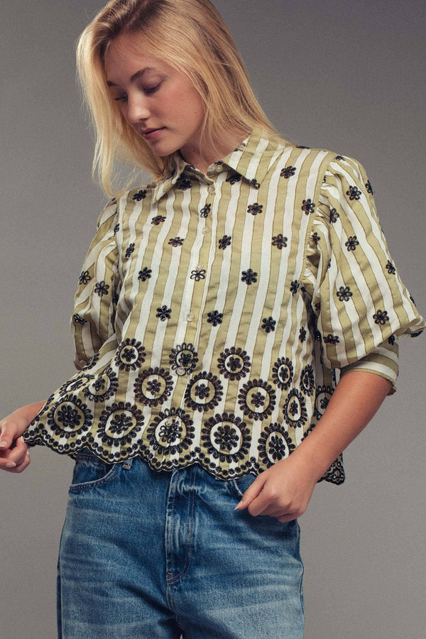 Striped Floral Embroidered Scallop Blouse