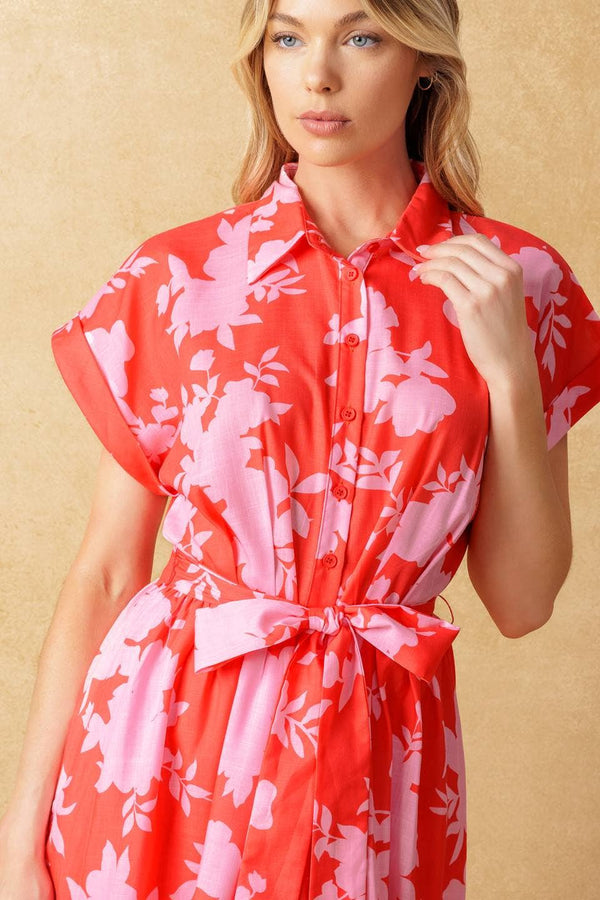Floral midi dress - red/pink