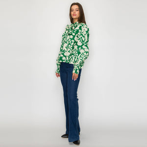 Rich Green Jacobean Print Bow Tie  Blouse