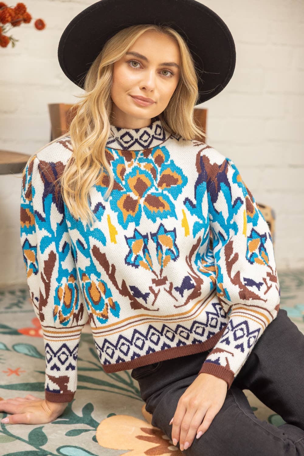 Long Sleeve Multi Color Abstract Sweater Top