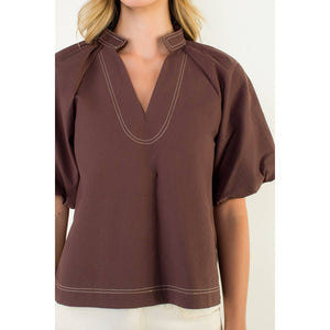 Contrast Stitch Puff Sleeve V-Neck Top