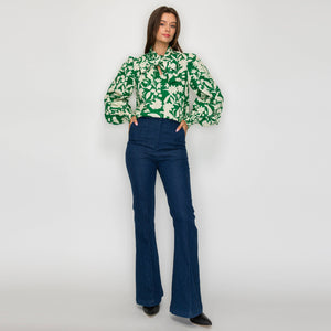 Rich Green Jacobean Print Bow Tie  Blouse