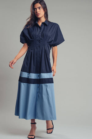 Colorblock Button-Up Cotton Midi Dress