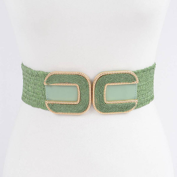 Faux Straw Two Buckles Elastic Belt
