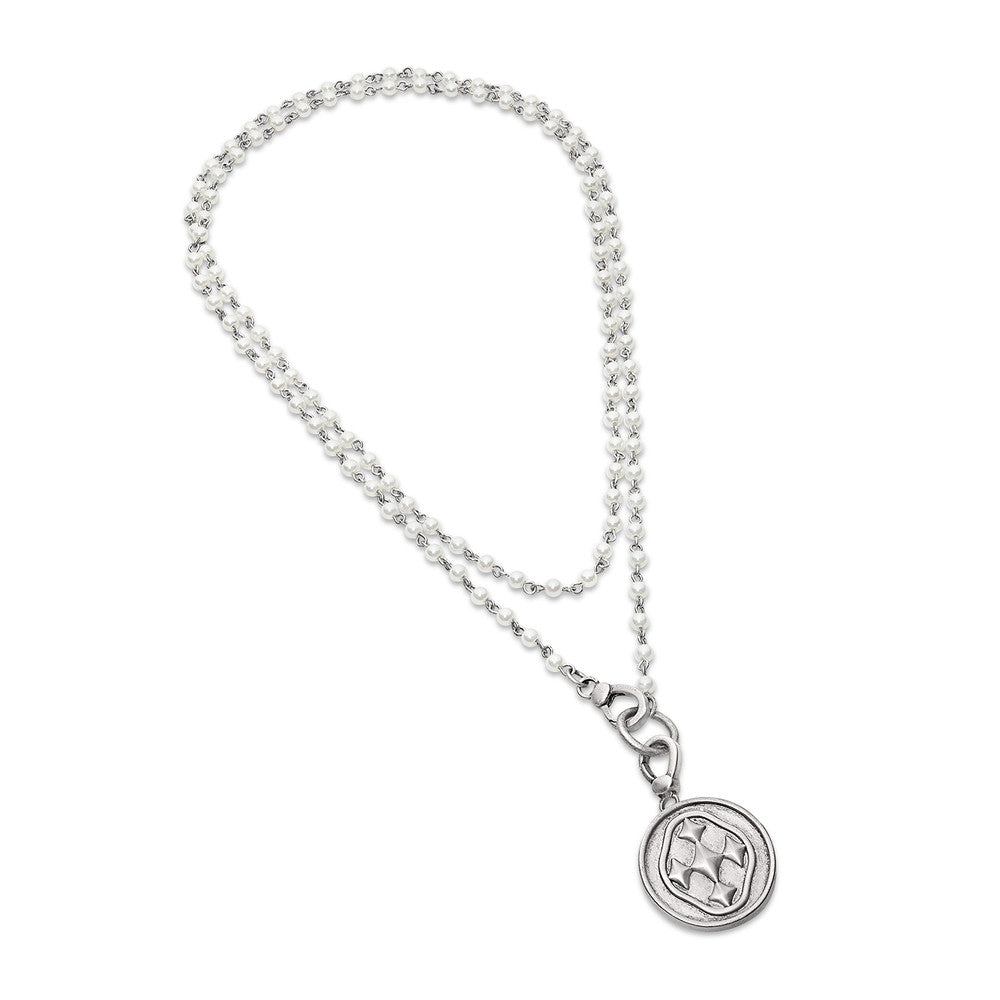 long rosary style shield necklace- matte silver