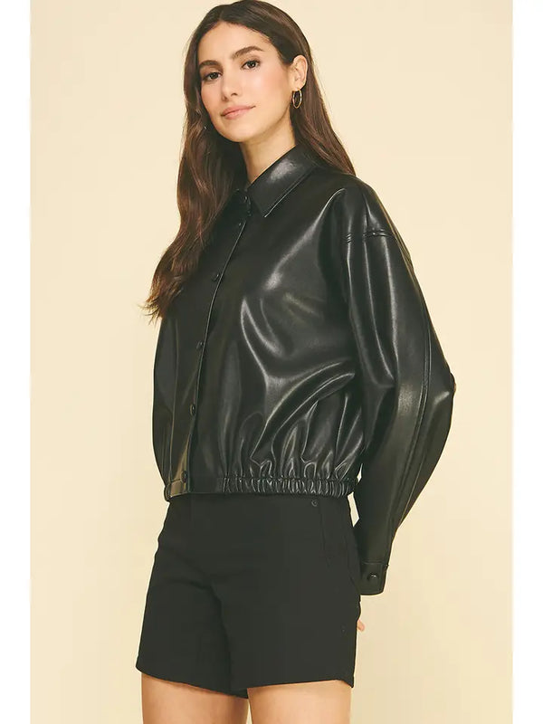Cropped Faux Leather Bomber Jacket