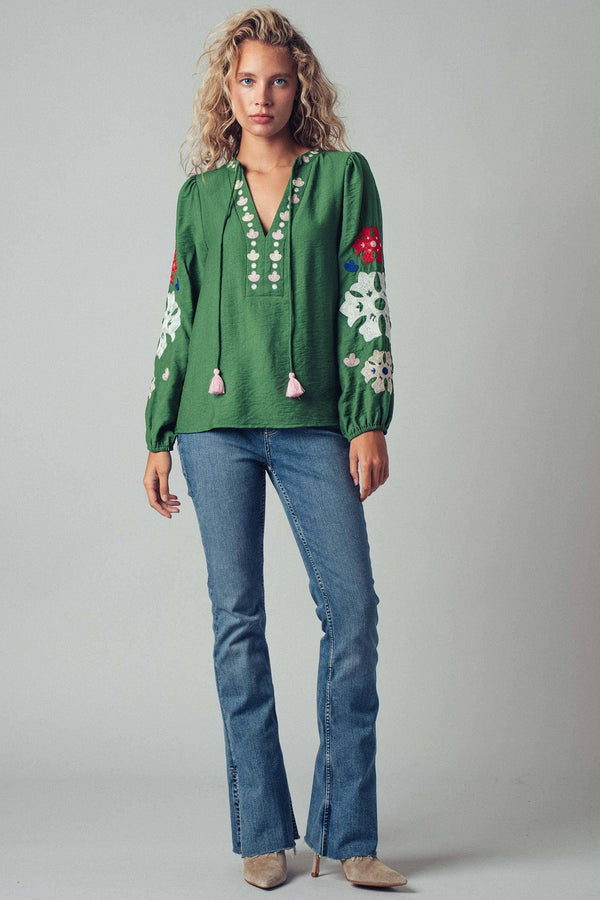 Embroidered Tassel Tie Blouse
