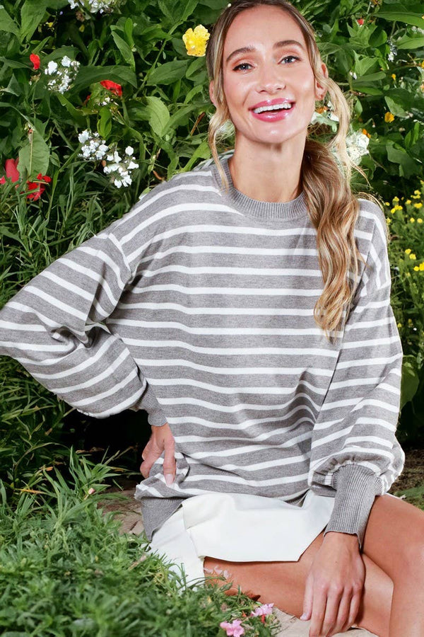 Striped Long Balloon Sleeve Knitted Sweater Top