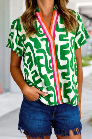 Abstract Striped Trim V Neck Short Sleeve Blouse