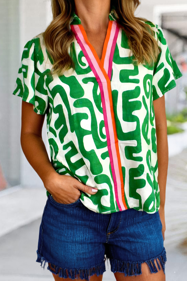 Abstract Striped Trim V Neck Short Sleeve Blouse