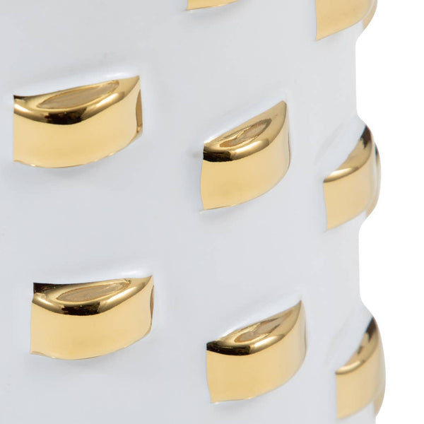 Vase - White/Gold Ceramic Raised Rectangular Stud, 11 in.