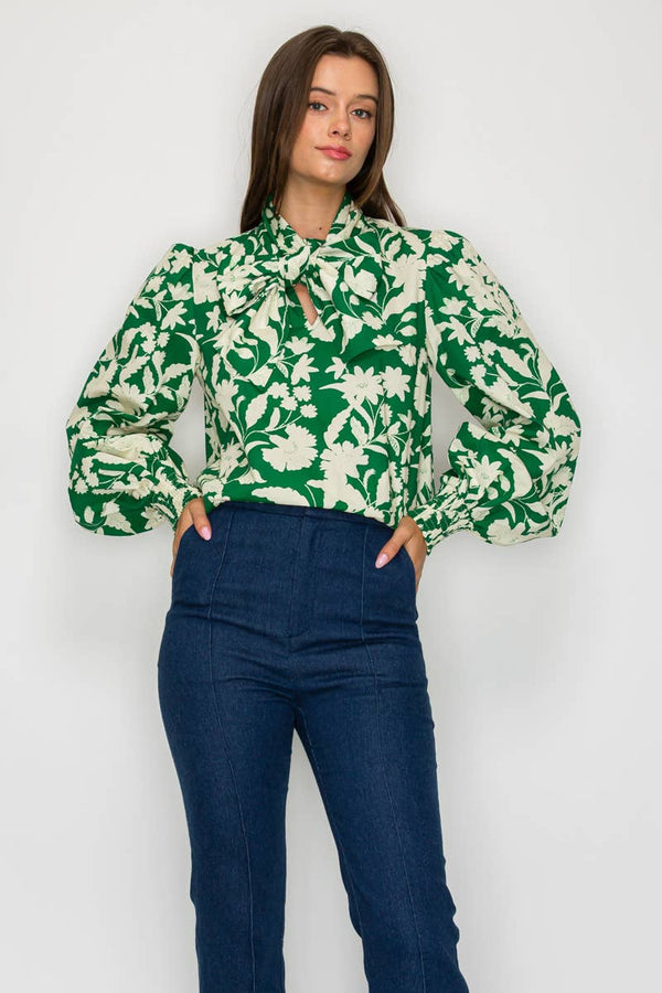 Rich Green Jacobean Print Bow Tie  Blouse