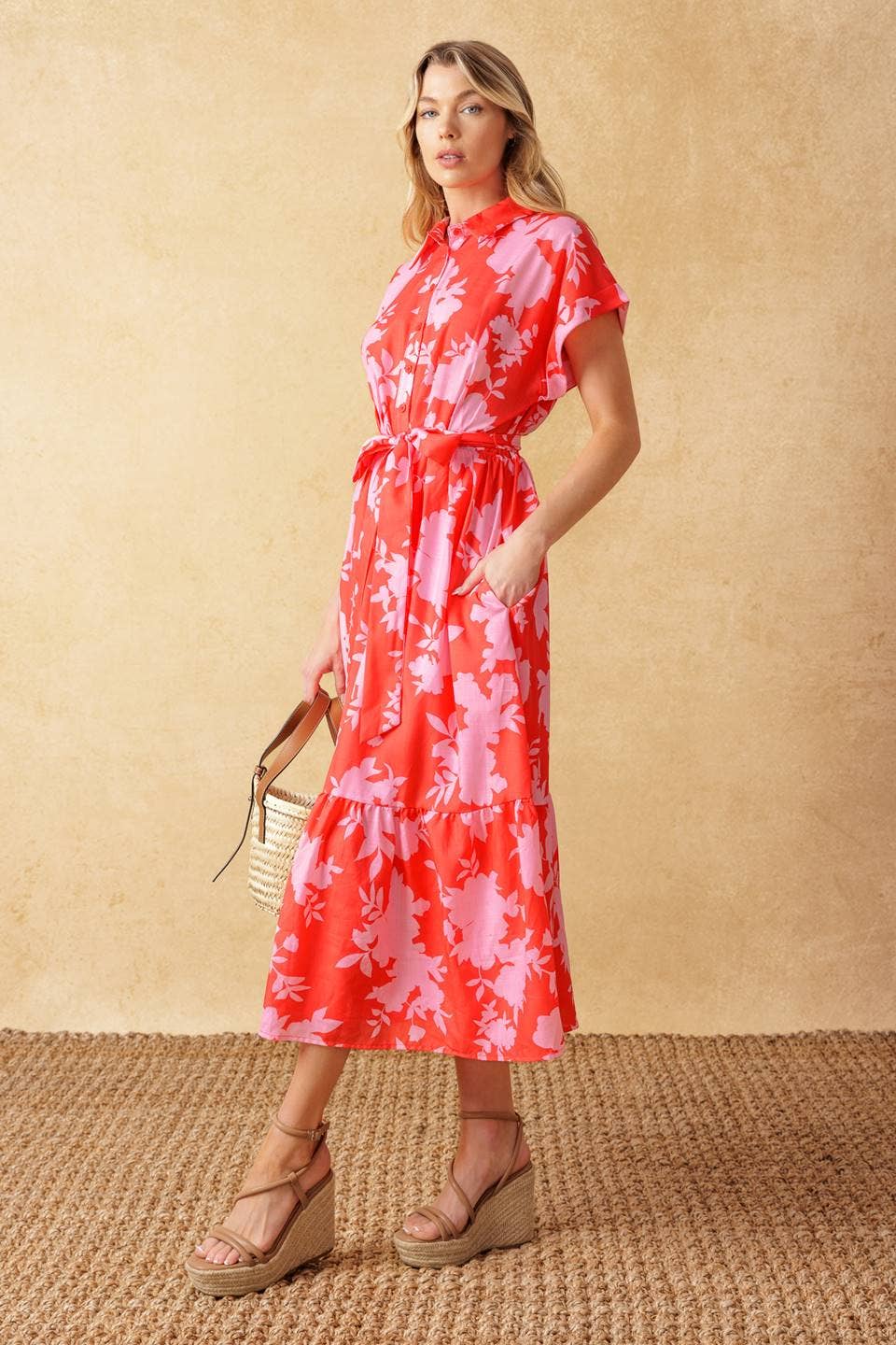 Floral midi dress - red/pink