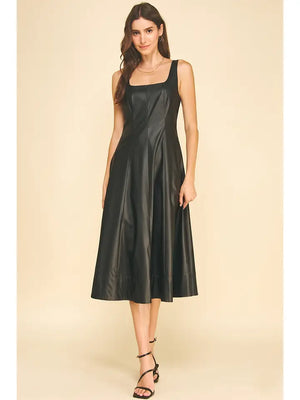Faux Leather A-Line Midi Dress