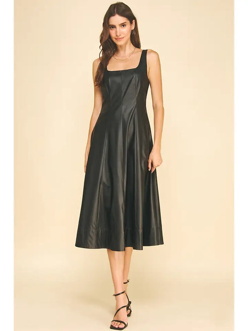 Faux Leather A-Line Midi Dress