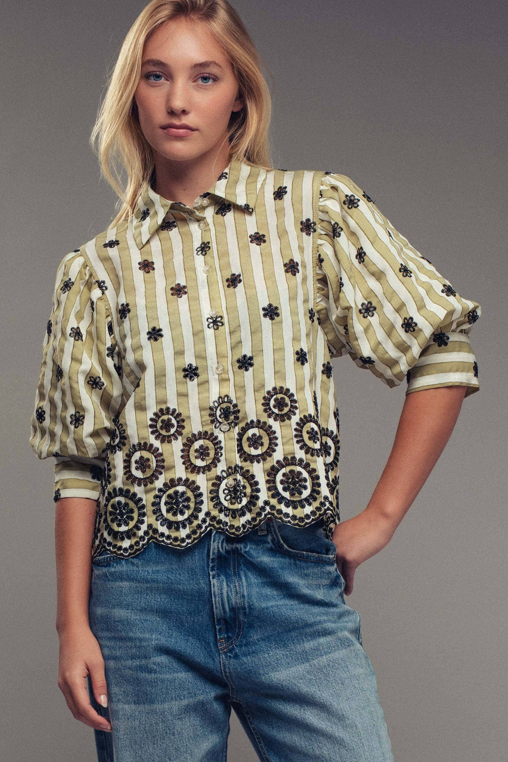 Striped Floral Embroidered Scallop Blouse