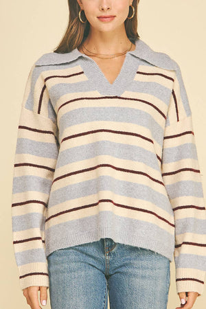 STRIPED V-NECK KNIT SWEATER - 7508W