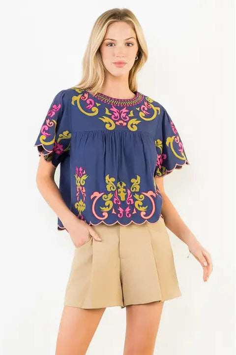 Short Sleeve Embroidery Detail Top