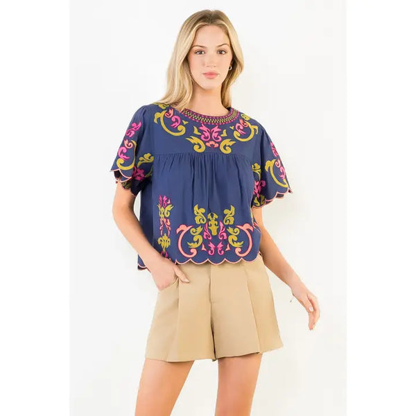 Short Sleeve Embroidery Detail Top