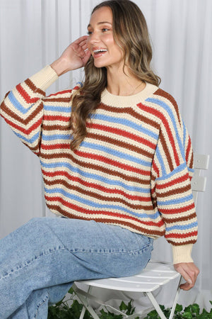 Textured Multi Stripe Crew Neck Knitted Sweater