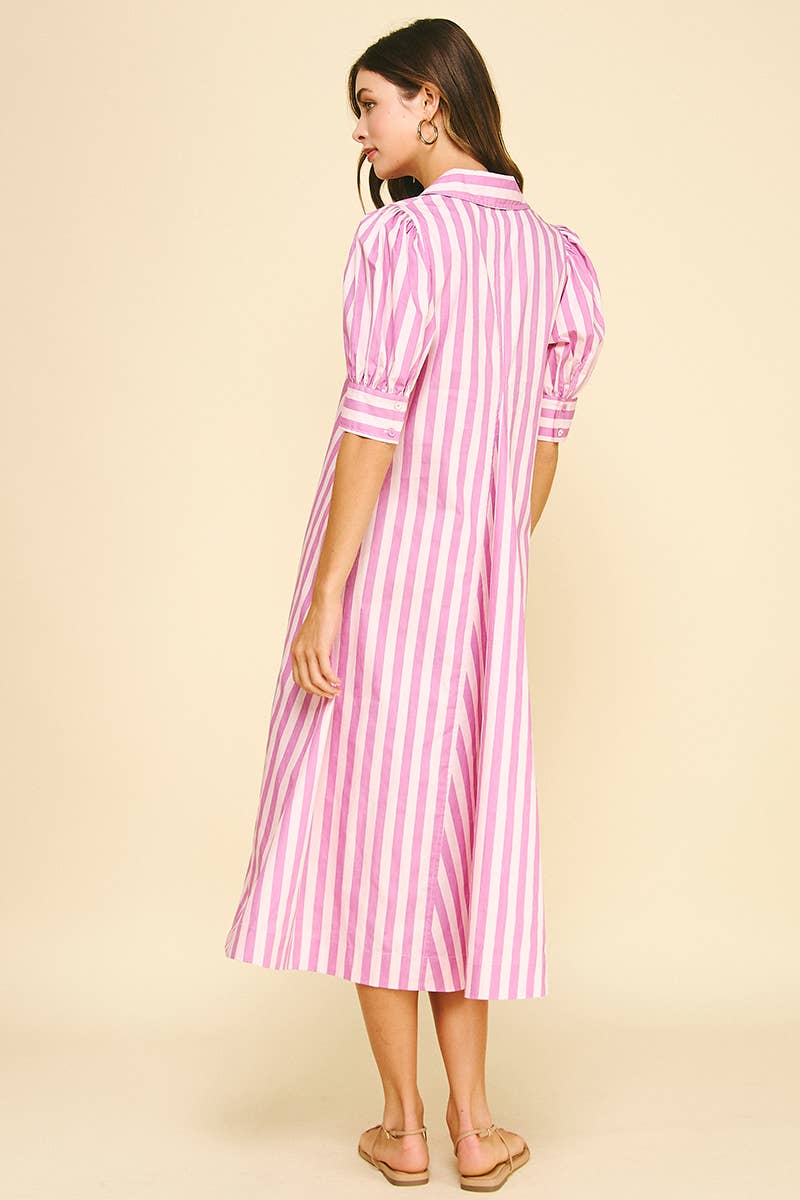 Striped V-neck Midi Dress - Pink/Lavender