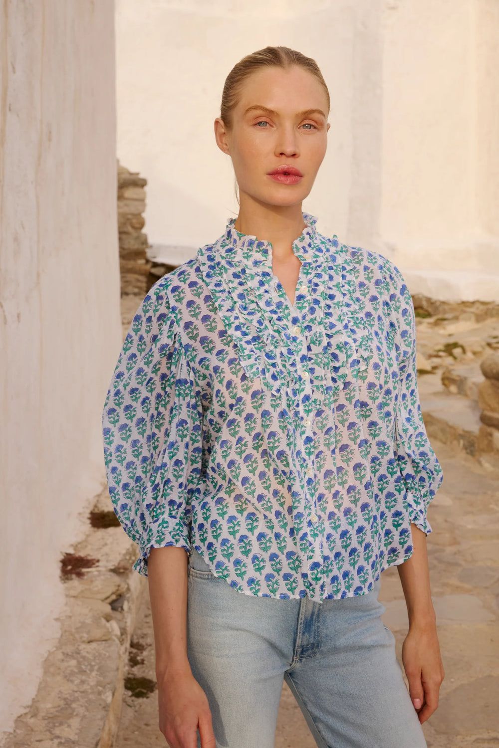 Ruffle Front Button Blouse