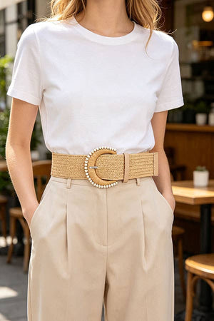 Raffia Woven Belt with Pearl-Trimmed Buckle