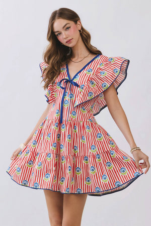 Stripe Floral Print Ruffle Mini Dress