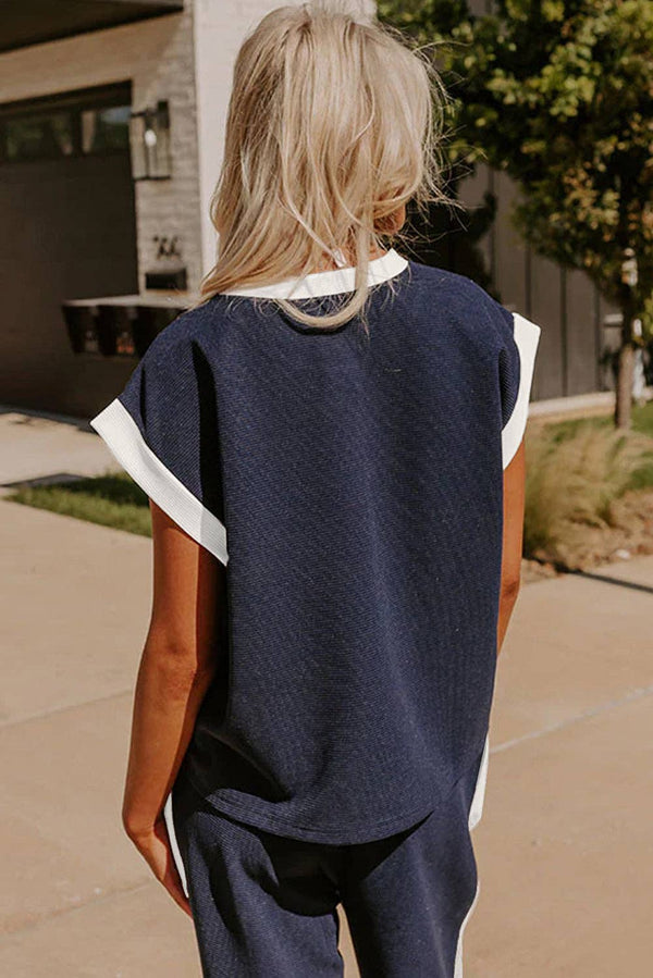 Navy Color block Pocket Tee Wide Leg Pants Two Piece Set