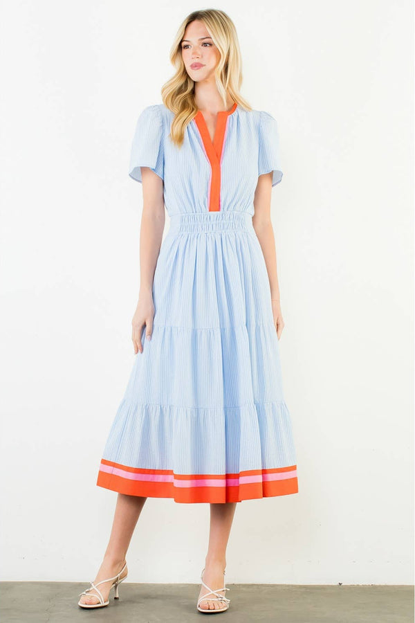 Short Sleeve Striped Textured Maxi Dress