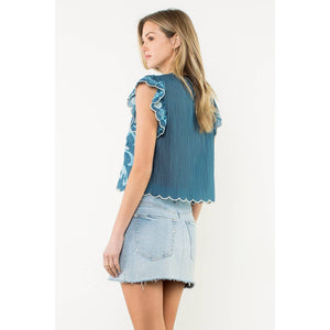 Embroidered Flutter Sleeve Scallop Top